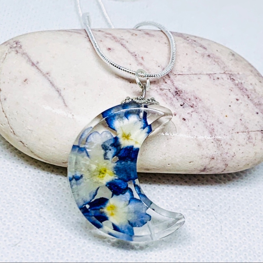 Blue verbena necklace,Crescent moon necklace